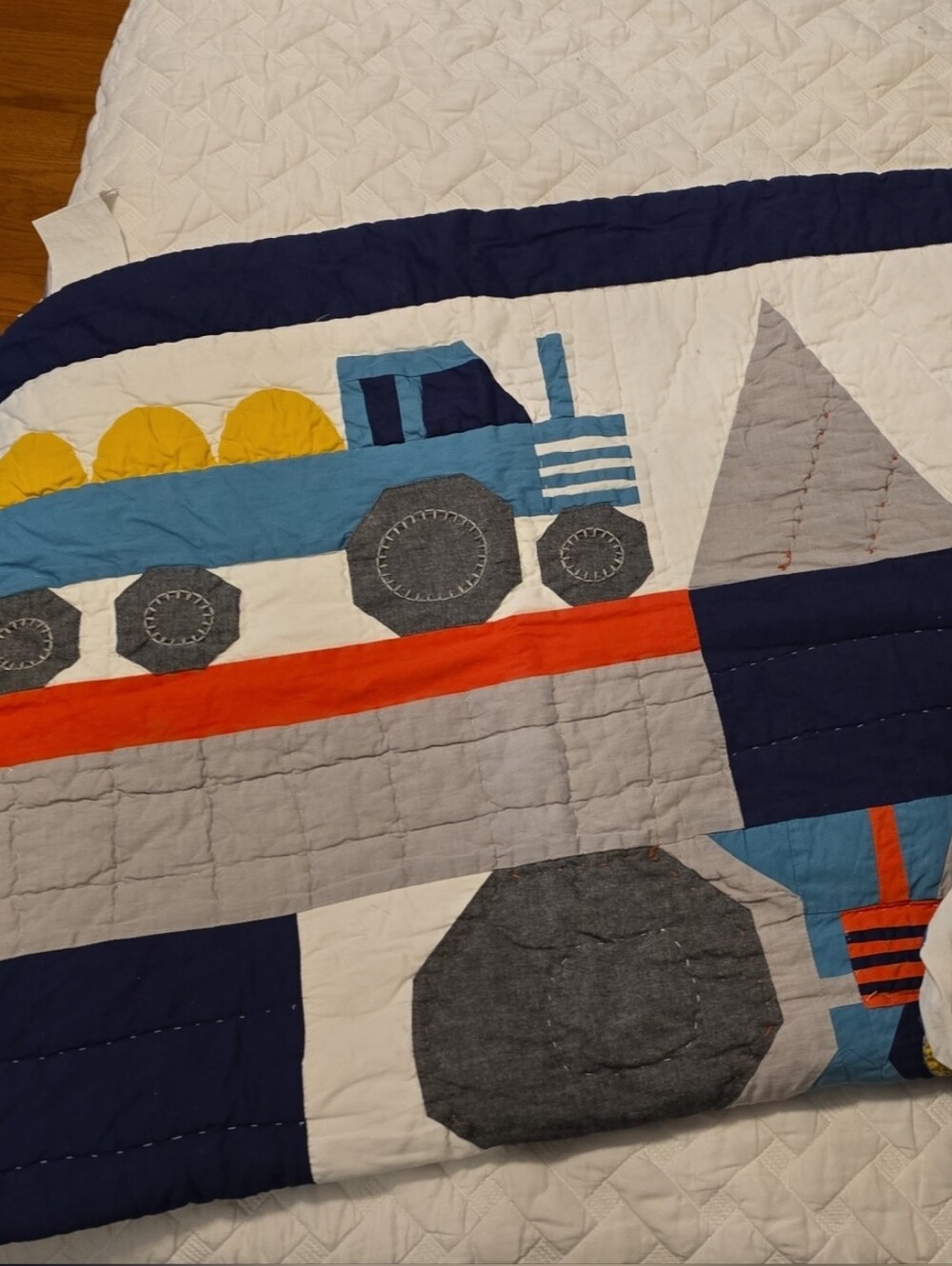 Pottery Barn Kids Blue and Gray Construction Truck Quilt And Sheets